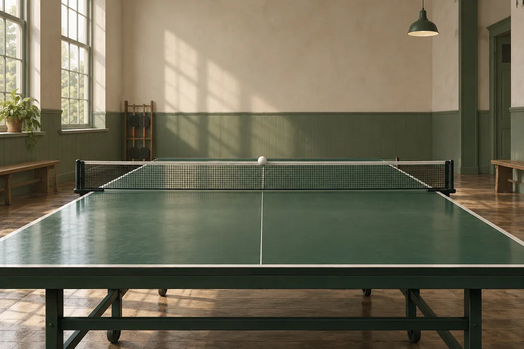 Une table de tennis de table avec une balle blanche au centre du filet dans une salle de club.