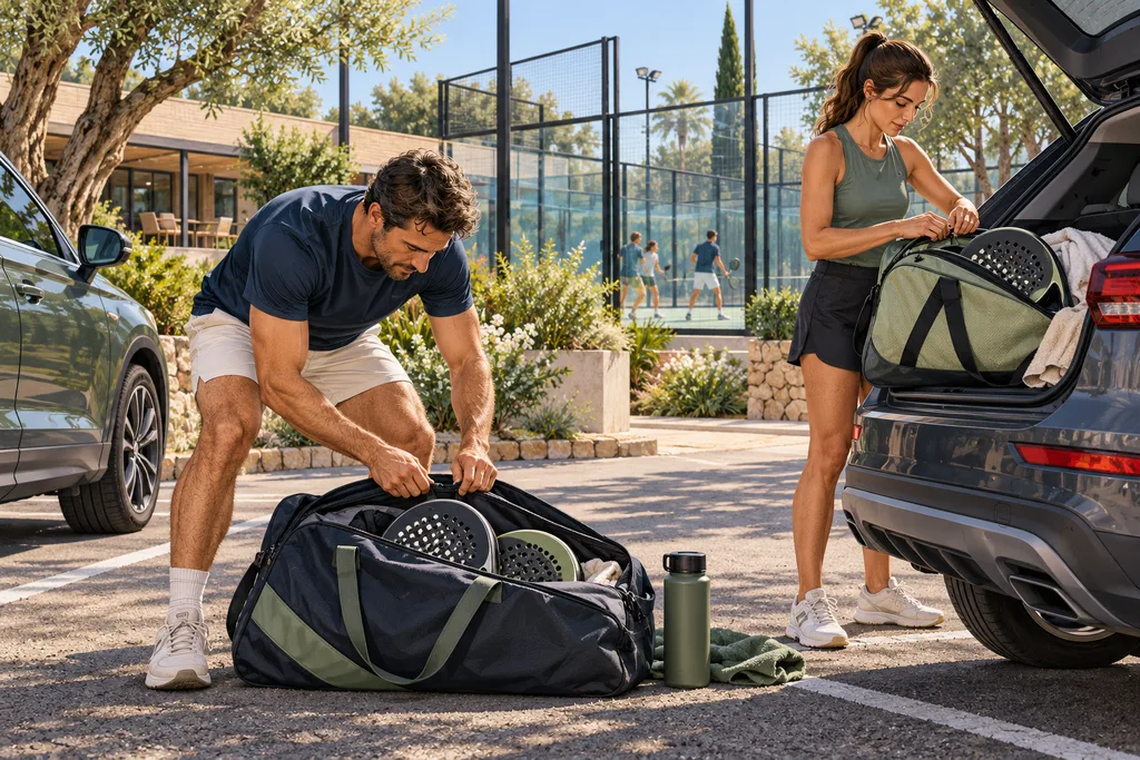 Une paire de joueurs de padel prépare son sac de raquettes avant un déplacement en tournoi.